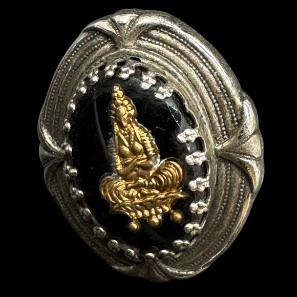 Vintage Earrings Screwbacks Royal Crest Silver Tone & Black Goddess Meditation - Picture 4 of 7